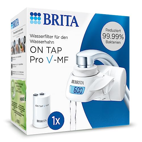 BRITA Wasserfilter für Wasserhahn ON TAP Pro V-MF inkl. 1 Filterkartusche (600l) - reduziert 99,99% Bakterien, Chlor, Mikroplastik und schwere Metalle / digitales LCD Display zeigt Restkapazität von Brita