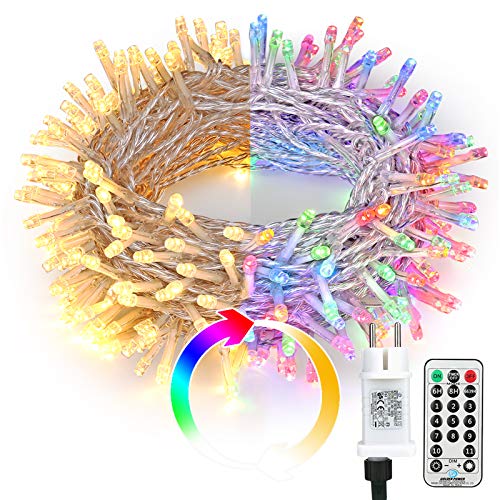 BrizLabs 20M 200 LED Weihnachten Lichterkette mit Fernbedienung, Warmweiß und Bunt Dimmbar 11 Modi Strombetrieben Beleuchtung Außen mit Transformator Timer für Innen Haus Bäume Party Garten Deko von BrizLabs