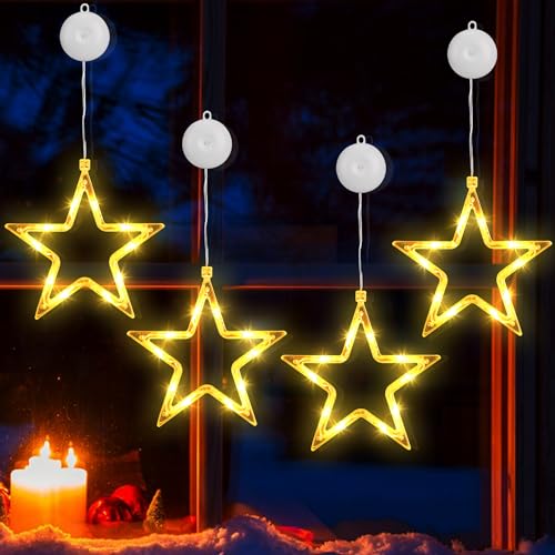 BrizLabs LED Sterne Weihnachtsbeleuchtung, 4 Stück Fenster Sterne Lichterkette Weihnachtsdeko Fensterlichter Batterie 8 Modi Innen Weihnachtsstern für Halloween Außen Garten Tür Haus Party, Warmweiß von BrizLabs