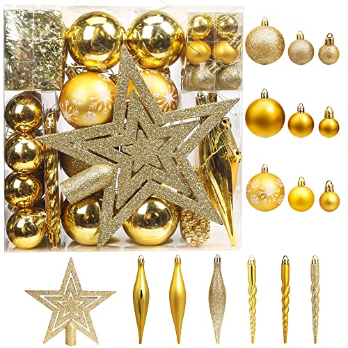 BrizLabs Weihnachtskugeln Set 75 Stück Christbaumkugeln Kunststoff Weihnachtsbaumschmuck mit Christbaumspitze für Weihnachtsbaum Innen Hochzeit Party Schlafzimmer Esstisch Deko, Gold von BrizLabs