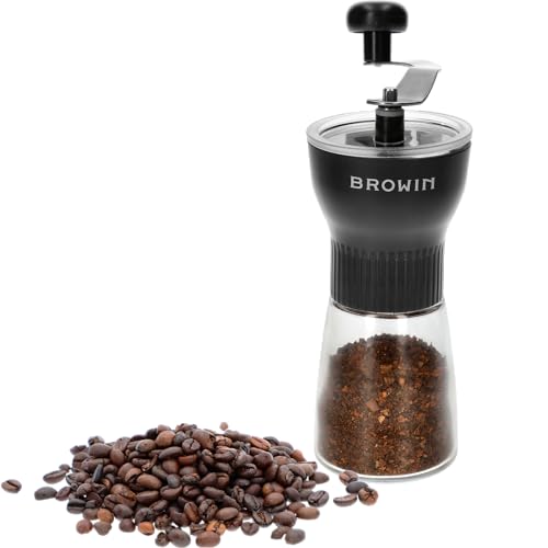 BROWIN® Manuelle Kaffeemühle mit Keramikmahlwerk 320500 | Handkaffeemühle mit Einstellbaren | Handmühle für Espresso bis French Press Kaffee | Mühle für Kaffeebohnen | Espressomühle mit Glasbehälter von Browin