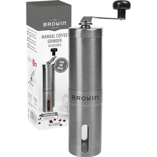 BROWIN® Manuelle Kaffeemühle mit Keramikmahlwerk 320502 | Handkaffeemühle aus Edelstahl mit Einstellbaren | Handmühle für Espresso bis French Press Kaffee | Mühle für Kaffeebohnen | Espressomühle von Browin