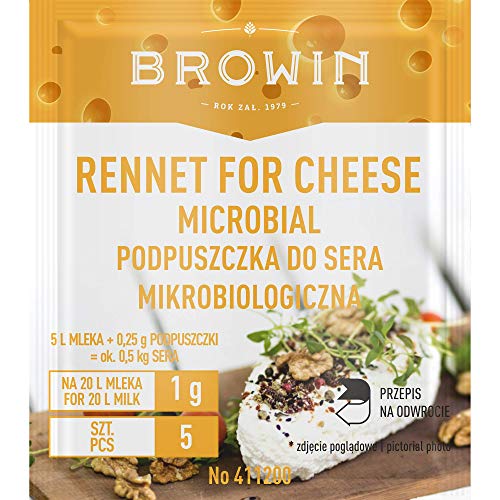 Browin 411200 Pulverisiertes Lab, mikrobiologisch, für Käse 5 x 1 Kuh, Ziegen-und Sojamilch (1 g auf 20 L), vegetarisches Produkt, Aktivität 2 250 IMCU/ml, Pulver von Browin