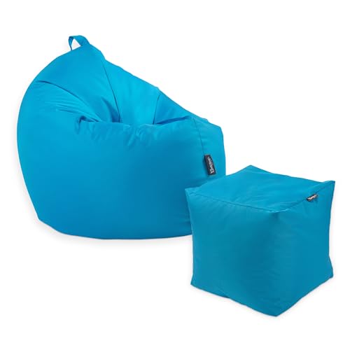 BuBiBag Premium 2-in-1 Sitzsack mit Füllung | für Kinder & Erwachsene | Outdoor & Indoor | Sitzkissen | Bodenkissen | Wasser- & schmutzabweisend + Sitzpouf 35x35x35cm(Königsblau, 125 cm + Sitzspouf) von BuBiBag