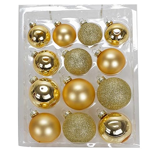 Christbaumkugeln Set, 26 Echt-Glas Weihnachtskugeln in 3 Dekors, Hochglanz, Matt und Glitzer, je in 3 Größen (Gold) von Bubble Store