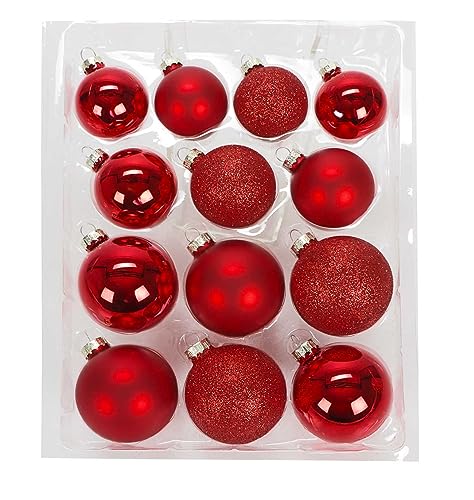 Christbaumkugeln Set, 26 Echt-Glas Weihnachtskugeln in 3 Dekors, Hochglanz, Matt und Glitzer, je in 3 Größen (rot) von Bubble Store