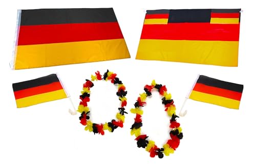 Deutschland 6-er Set Fanartikel, 1x Deutschland-Fahne, 2x Autofensterfahnen, 2x Hawaii-Ketten und 1x Flaggen-Cape mit Ärmel und Daumenschlaufen von Bubble Store