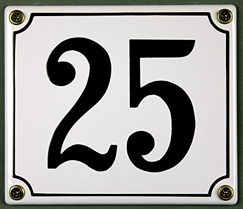 Emaille Hausnummernschild - Wählen Sie Ihre Nummer - Zahlen 1 bis 30 verfügbar - weiß/schwarz 12x12 cm - 12x14cm - sofort lieferbar! Hausnummer Schild wetterfest und lichtecht (25 weiß/schwarz 12x14cm) von RinTalen