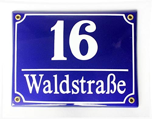 Süddeutsches Emaille Hausnummernschild mit Wunschzahl und Wunschtext 20x16 cm von Buddel-Bini