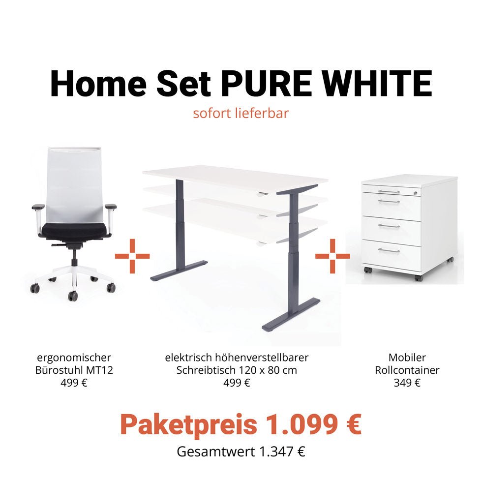 Büromöbel "HOME SET WHITE" - Höhenverstellbarer Schreibtisch + Ergonomischer Bürostuhl + Rollcontainer von Büromöbel Plus