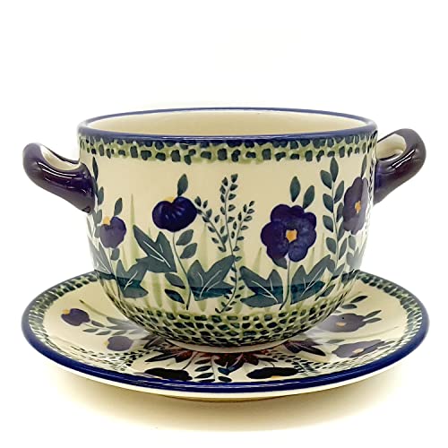 Bunzlauer Keramik Suppentasse mit Untertasse (Dekor Blaue Primel) von Bunzlauer keramik
