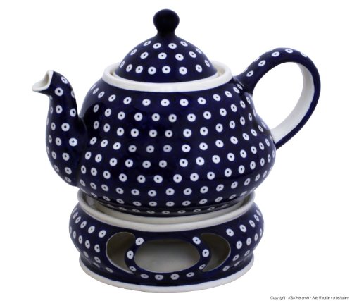 Original Bunzlauer Keramik Teekanne 1,5 Liter mit integriertem Sieb und Stövchen im Dekor 42 von Bunzlauer keramik