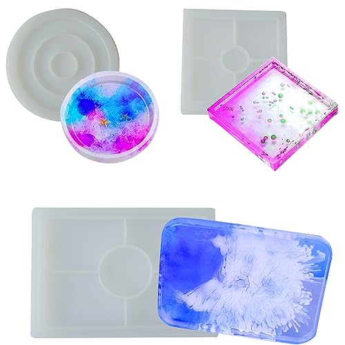 Bustlwor 3 Stücke DIY Silikonformen Epoxidharz, Epoxidharz Formen Set, Gießform Resin, Rund Quadratisch Rechteckig, für DIY Teetablett Obsttablett Schmucktablett Kunsthandwerk von Bustlwor