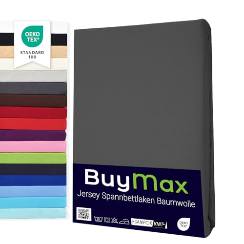 Buymax Spannbettlaken 140x200cm Baumwolle 100% Spannbetttuch Bettlaken Jersey, Matratzenhöhe bis 25 cm, Farbe Anthrazit ÖKO TEX Standard von Buymax