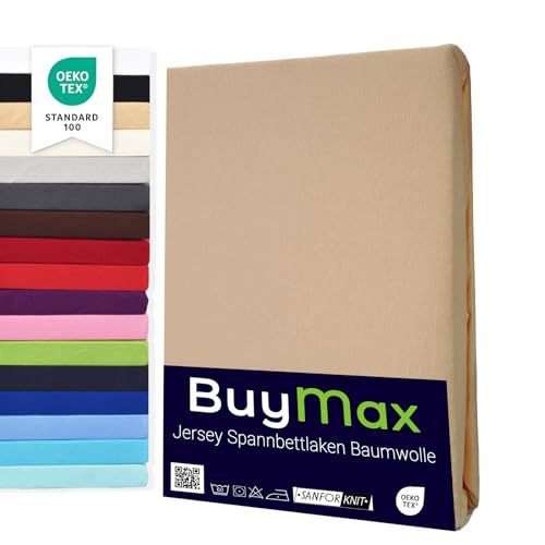 Buymax Spannbettlaken 160x200cm Baumwolle 100% Spannbetttuch Bettlaken Jersey, Matratzenhöhe bis 25 cm, Farbe Sand von Buymax