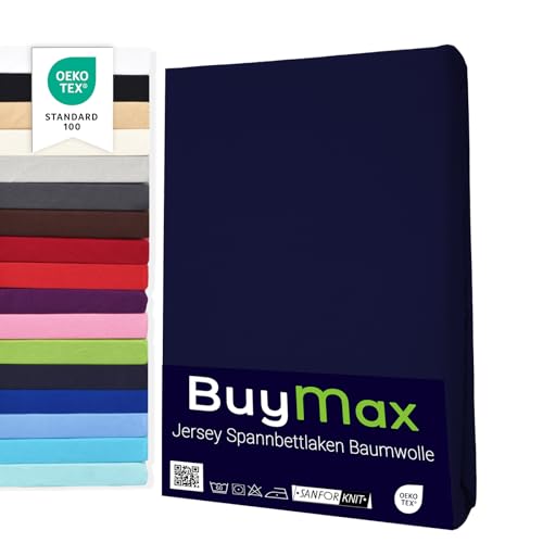 Buymax Topper Spannbettlaken 200x200 cm Spannbetttuch 100% Baumwolle Jersey für Matratzentopper bis 9 cm Matratzenhöhe Bettlaken für Boxspringbett Topper, Blau Marineblau von Buymax