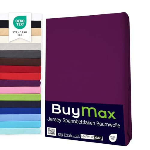 Buymax Spannbettlaken 180x200cm Doppelpack 100% Baumwolle Spannbetttuch Bettlaken Jersey, Matratzenhöhe bis 25 cm, Farbe Aubergine von Buymax