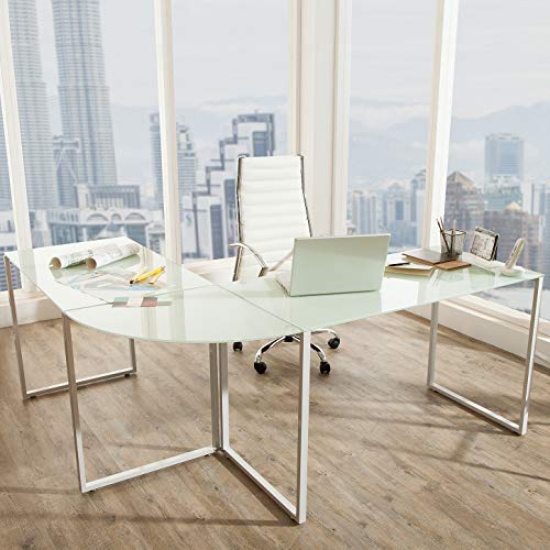 cagü: DESIGN SCHREIBTISCH ECKSCHREIBTISCH [MANHATTAN] WEISS aus GLAS mit WEISSEM GESTELL 180cm x 160cm, NEU! von CAGÜ