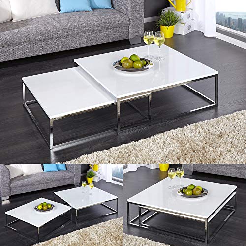 cagü: Design 2er Set Couchtische [MAILAND] Weiss Hochglanz mit Chromgestell 75/65cm von CAGÜ