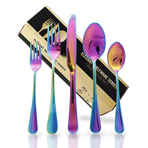 CALIYO Besteck Set, 30-teilig Besteck für 6 Personen, Besteckset inkl. Messer, Gabel, Löffel, Besteck Edelstahl, spülmaschinengeeignet (Mirror Regenbogen) von CALIYO