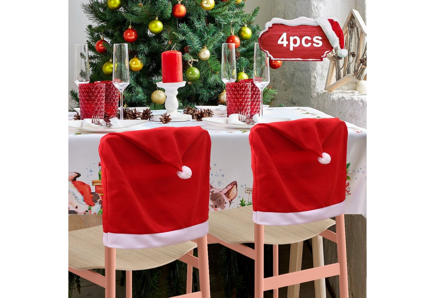 Stuhlhusse 4x Weihnachtsdekoration für Stühle, CALIYO, Schonbezüge im weihnachtlichen Design von CALIYO