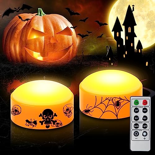 CANDLE IDEA 2 PCS Halloween LED Kürbis Lichter mit Timer und Fernbedienung, batteriebetriebene Jack-O-Laterne orange Licht für Halloween Dekor, flammenlose Kerzen für Kürbis Dekoration von CANDLE IDEA