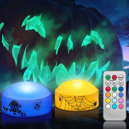 CANDLE IDEA 2 Stück Farbwechsel Halloween Flammenlose LED Kürbis Kerzenlichter mit Fernbedienung und Timer, farbige batteriebetriebene Jack-O-Laterne für den AuÃŸenbereich Halloween Kürbis Dekoration von CANDLE IDEA