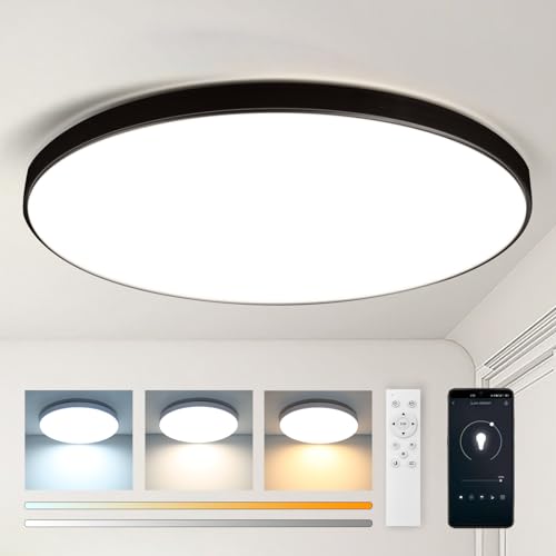 CANMEIJIA LED Deckenleuchte Flach mit Fernbedienung, 24W Deckenlampe 3000K-6500K, IP44 Schwarz Deckenlampe Dimmbar Rund für Wohnzimmer, Schlafzimmer, Kinderzimmer, Küche, Badezimmer Ø32CM von CANMEIJIA