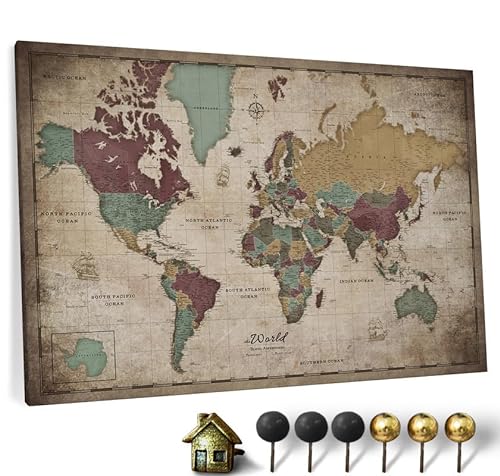 Hochwertige Canvas Weltkarte mit Kork-Pinnwand - Deutsche Beschriftung - Dekorative Wanddeko für alle Zimmer - Leinwandbilder mit Weltkarte Motiv (90x60 cm, Muster 12) von CANVASCALE