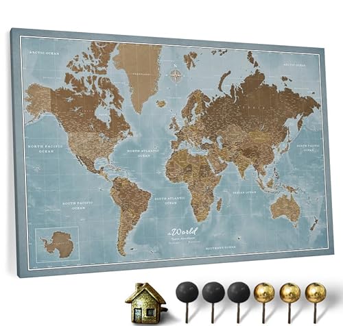 Hochwertige Canvas Weltkarte mit Kork-Pinnwand - Englische Beschriftung - Dekorative Wanddeko für alle Zimmer - Leinwandbilder mit Weltkarte Motiv (120x80 cm, Muster 2) von CANVASCALE