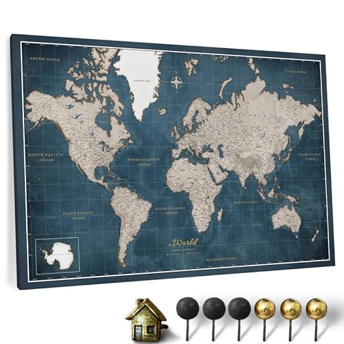 Hochwertige Canvas Weltkarte mit Kork-Pinnwand - Englische Beschriftung - Dekorative Wanddeko für alle Zimmer - Leinwandbilder mit Weltkarte Motiv (120x80 cm, Muster 23) von CANVASCALE
