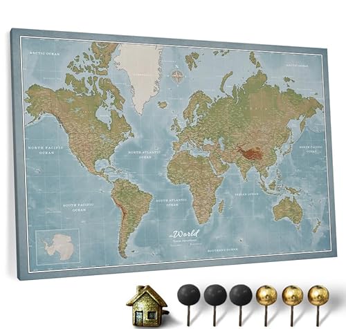 Hochwertige Canvas Weltkarte mit Kork-Pinnwand - Englische Beschriftung - Dekorative Wanddeko für alle Zimmer - Leinwandbilder mit Weltkarte Motiv (150x100 cm, Muster 8) von CANVASCALE