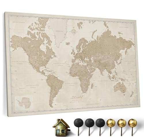 Hochwertige Canvas Weltkarte mit Kork-Pinnwand - Englische Beschriftung - Dekorative Wanddeko für alle Zimmer - Leinwandbilder mit Weltkarte Motiv (150x100 cm, Muster 9) von CANVASCALE