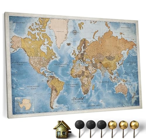Hochwertige Canvas Weltkarte mit Kork-Pinnwand - Englische Beschriftung - Dekorative Wanddeko für alle Zimmer - Leinwandbilder mit Weltkarte Motiv (70x50 cm, Muster 15) von CANVASCALE