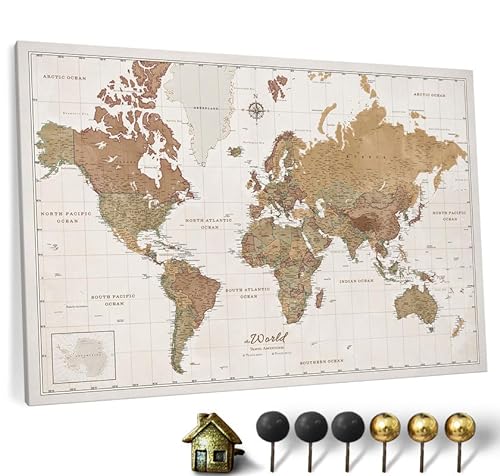 Hochwertige Canvas Weltkarte mit Kork-Pinnwand - Englische Beschriftung - Dekorative Wanddeko für alle Zimmer - Leinwandbilder mit Weltkarte Motiv (90x60 cm, Muster 16) von CANVASCALE