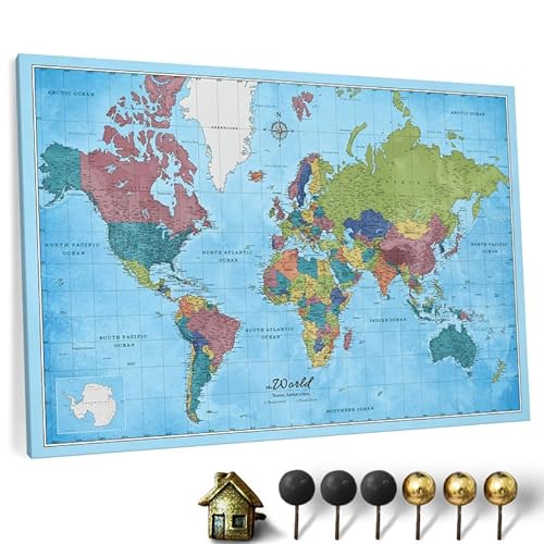 Hochwertige Canvas Weltkarte mit Kork-Pinnwand - Englische Beschriftung - Dekorative Wanddeko für alle Zimmer - Leinwandbilder mit Weltkarte Motiv (90x60 cm, Muster 21) von CANVASCALE