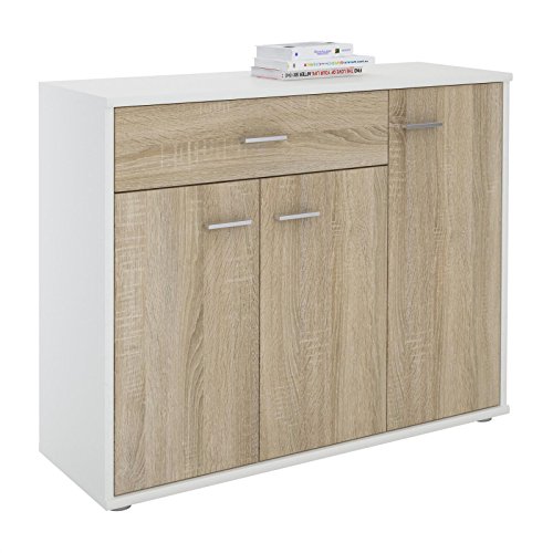 CARO-Möbel Sideboard Estelle Mehrzweckschrank,weiß/Sonoma Eiche mit 3 Türen und 1 Schublade, 88 cm breit von CARO-Möbel