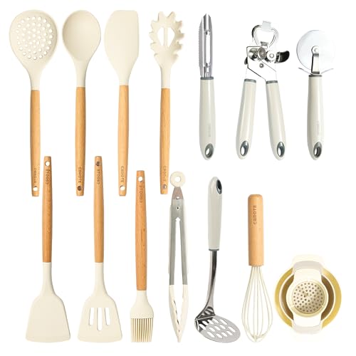 CAROTE Pfannenwender Silikon,Küchenhelfer Set 16 Stücke, Silikon Küchenutensilien Antihaftes Hitzebeständiges Pfannenwender Küchenhelfer mit Holzgriff zum Kochen, Backen,BPA Frei, Spülmaschinenfest von CAROTE