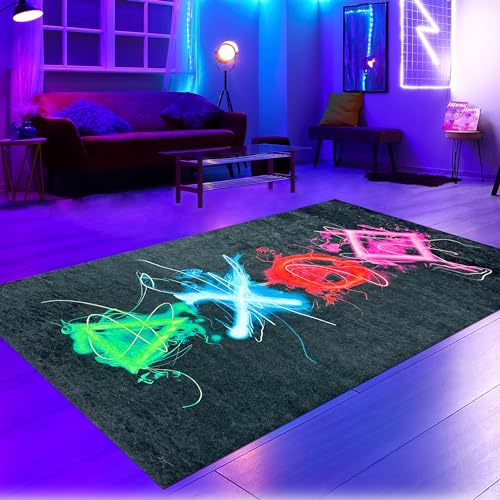 CARPETIA Gamingteppich farbecht leicht zu pflegen antirutsch langlebig leuchtende Neonfarbene Symbole in bunt, 200 x 290 cm von CARPETIA