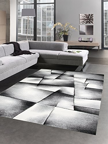 CARPETIA Moderner Teppich Kurzflor Wohnzimmerteppich Konturenschnitt karo abstrakt grau schwarz Weiss Größe 80x150 cm von CARPETIA