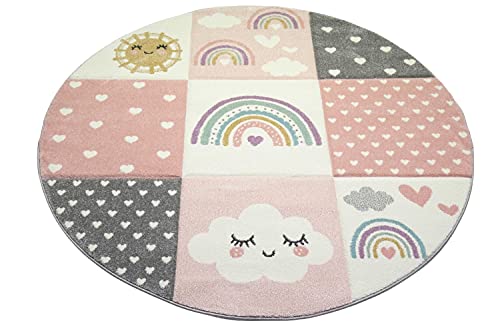 CARPETIA Spielteppich Kinderzimmer Teppich Herzchen Wolken Regenbogen Punkte rosa Creme grau Größe 120 cm Rund von CARPETIA