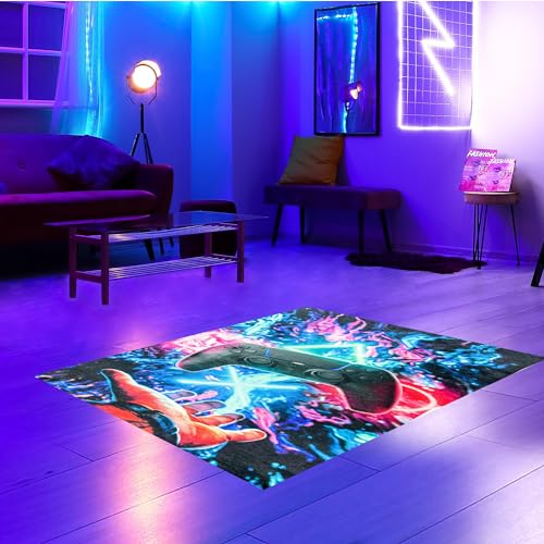 CARPETIA Teppich Gamerzimmer waschbar kurzflor pflegeleicht schwebender Kontroller mit leuchtenden Symbolen in bunt, 80 x 150 cm von CARPETIA