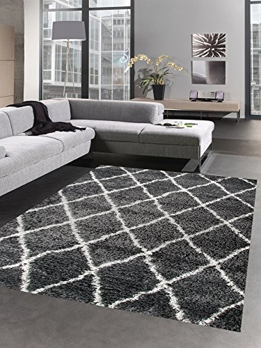 Carpetia Shaggy Teppich Wohnzimmerteppich Hochflor Langflor Rauten grau Creme Größe 160x230 cm von CARPETIA