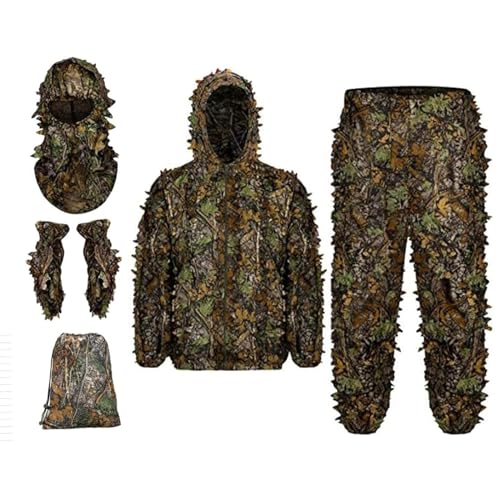 CARXB Ghillie-Anzug, 3D-Blatt-Tarnuniform, Leichter 5-teiliger Ghillie-Anzug, für die Jagd im Freien, Tierfotografie, CS-Spiel, Halloween Jagdjacke(Size:Small) von CARXB