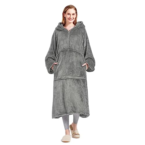 CASOFU Decke mit Ärmeln und Kapuze Hoodie Decke Damen Herren XXL Kuscheldecke mit Ärmeln Lang Deckenpullover Decke zum Anziehen Erwachsene Tragbare Decke Grau Wearable Blanket mit Tasche Reissverscluß von CASOFU