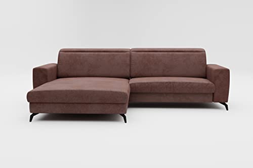 CAVADORE Ecksofa Bounce in Vintage-Leder-Optik / Eckcouch mit Longchair + mattschwarzen Metallfüßen / 290 x 88 x 178 / Mikrofaser, Dunkelbraun von CAVADORE