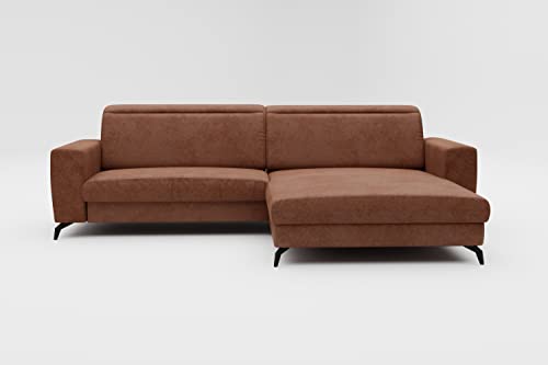 CAVADORE Ecksofa Bounce in Vintage-Leder-Optik / L-Form-Sofa mit Longchair + mattschwarzen Metallfüßen / 290 x 88 x 178 / Mikrofaser, Sattelbraun von CAVADORE