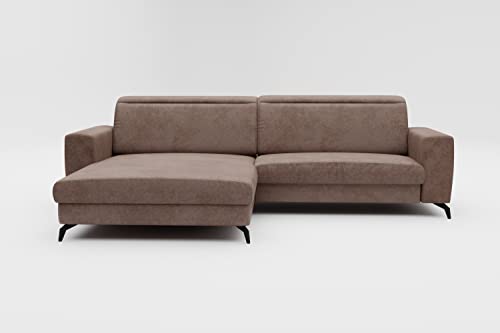 CAVADORE Ecksofa Bounce in Vintage-Leder-Optik / Eckcouch mit Longchair, Metallfüßen + Kopfteilverstellung / 290 x 88-108 x 178 / Mikrofaser, Graubraun von CAVADORE