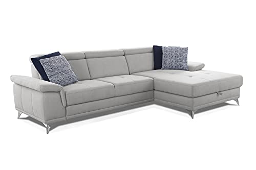 CAVADORE Ecksofa Cardy inkl. Federkern / L-Sofa mit Schlaffunktion, Bettkasten, verstellbaren Armlehnen + Kopfteilen / XL-Recamiere / 289 x 83 x 173 cm / Fleckschutz-Bezug Hellgrau von CAVADORE