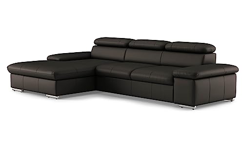 CAVADORE Echtleder-Schlafcouch Valerie mit XL-Longchair / Ecksofa mit Bettfunktion, Kopfteilverstellung + großem Longchair / 286 x 73 x 174 / Leder Dunkelbraun von CAVADORE